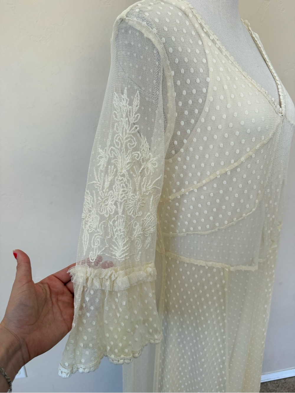 Ivory Swiss Dot Lace Midi Dress Sundance Large Embroidered Ruffles Boho Romantic - Picture 5 of 9